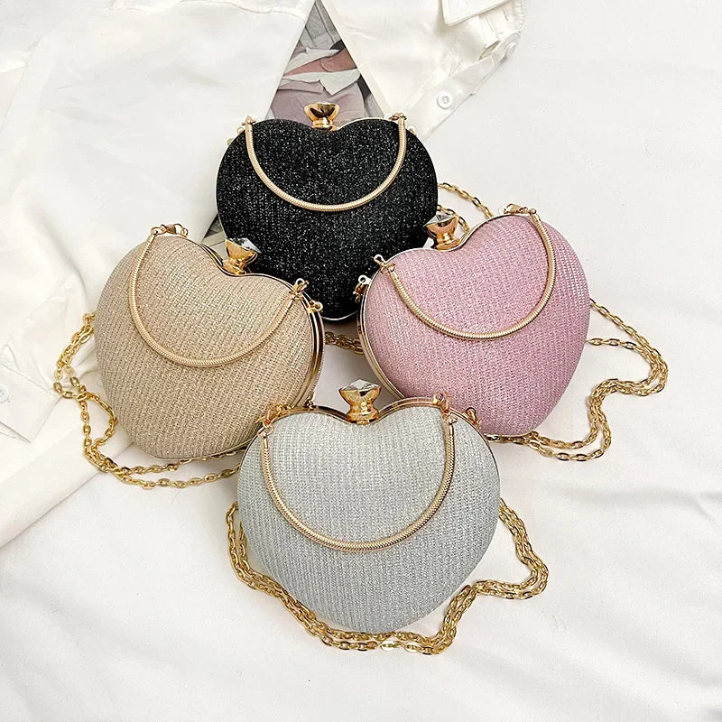 Shiny Heart Shape Metal Evening Clutch Bag for Women | Fashion Chain Shoulder Crossbody Bag (Luxury Lady Purse)